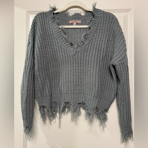 Love Tree Sweaters - Love Tree Women's Blue Frayed Hem V-Neck Sweater